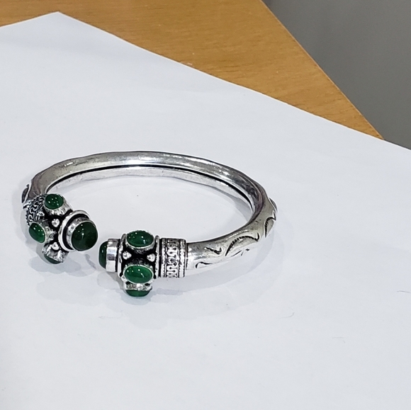 Green Onyx Multi Gemstone 925 Silver Handmade Designed Adj Cuff Bracelet - Picture 6 of 15